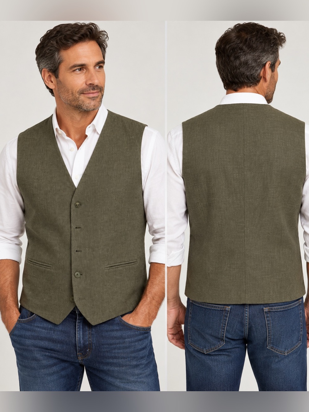 CLAIBORNE. Men's Olive Green Textured Button Vest. Size L. Linen/Cotton.